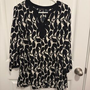Talbots Womens Paisley Print Tunic Top‎ Black White V-Neck 3/4 Sleeve Size M